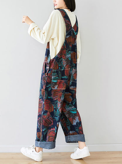 Women Autumn Artsy Flower Pocket Loose Denim Jumpsuits AI1071