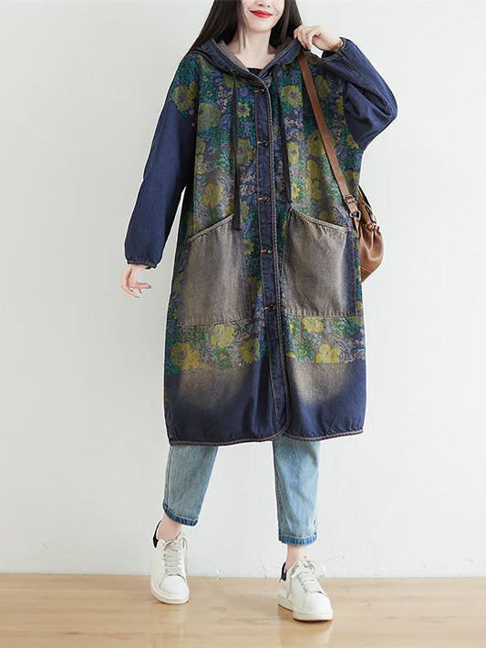 Women Casual Sunflower Denim Hooded Coat AI1022