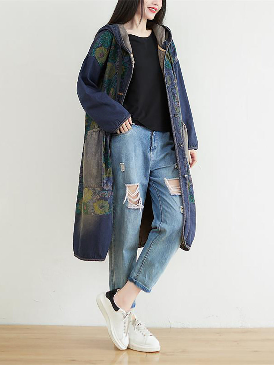 Women Casual Sunflower Denim Hooded Coat AI1022