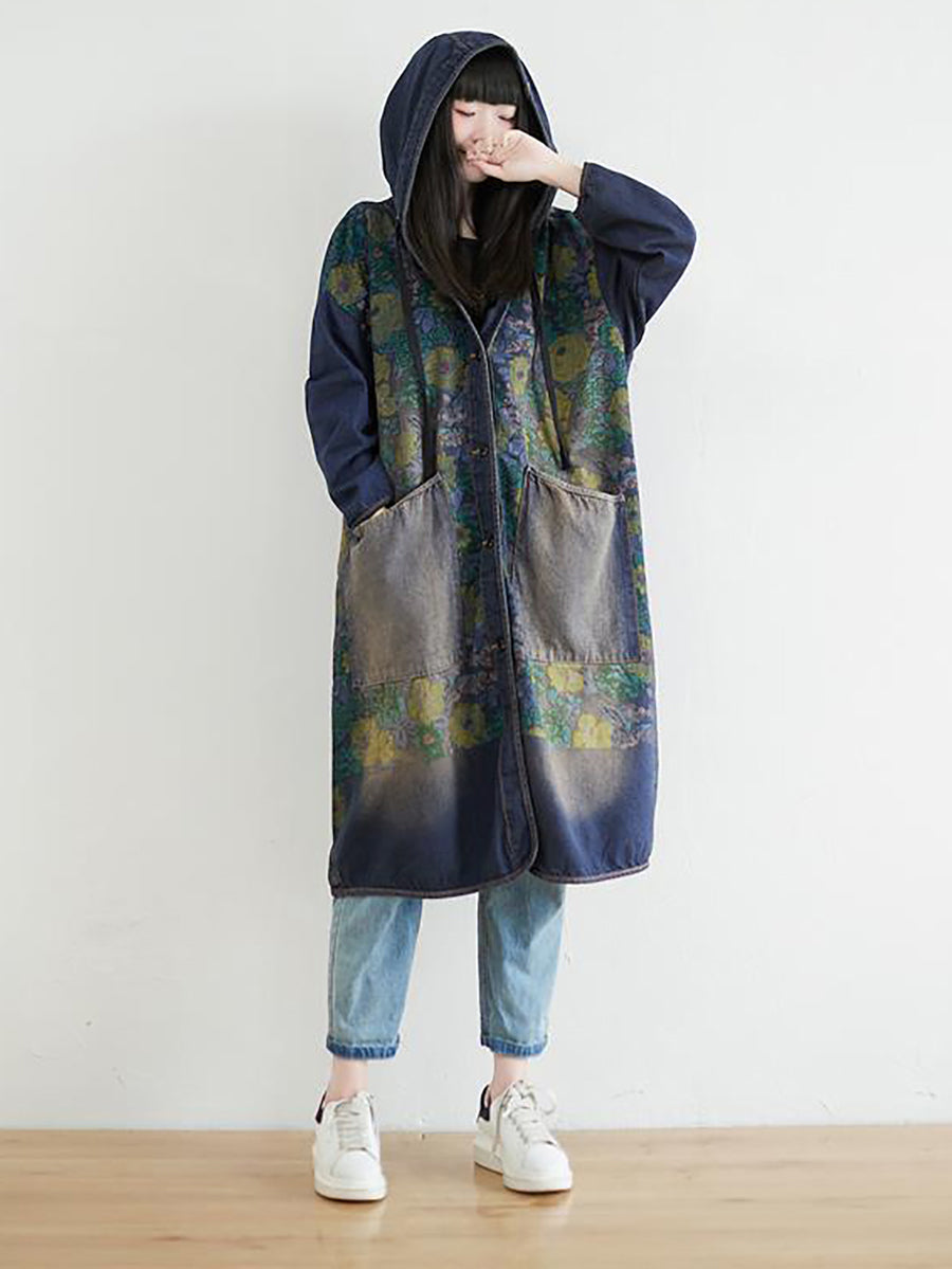 Women Casual Sunflower Denim Hooded Coat AI1022