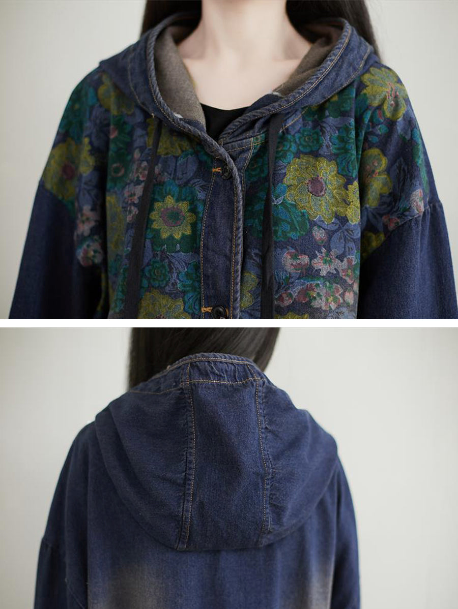 Women Casual Sunflower Denim Hooded Coat AI1022