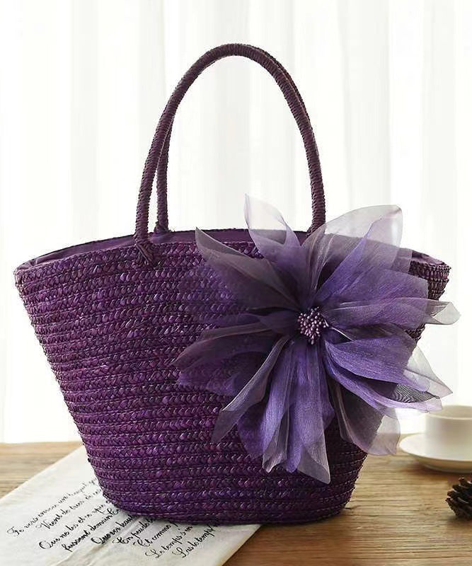 2024 Mode Lila Blume Gras Gewebte Handtasche HJ1009