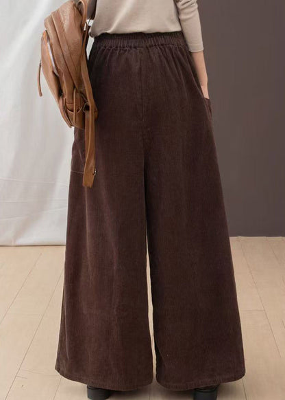 2024 New Brown Pockets Corduroy Warm Fleece Wide Leg Pants Winter RU007