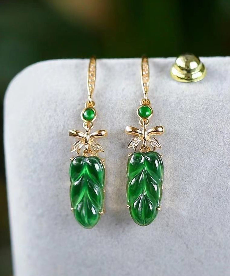 Boucles d'oreilles pendantes en jade vert surdoré en argent sterling 2024 QU044