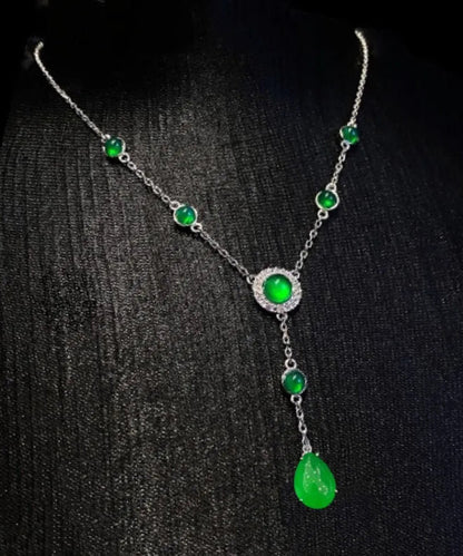 2024 New Green Sterling Silver Overgild Zircon Jade Tassel Pendant Necklace AC1033