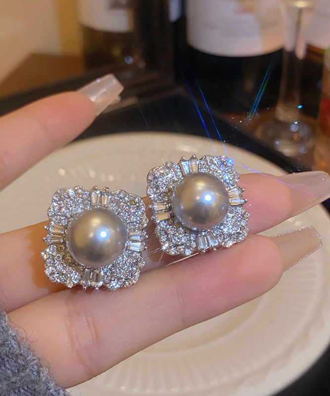 2024 New Grey Alloy Pearl Zircon Stud Earrings PO054