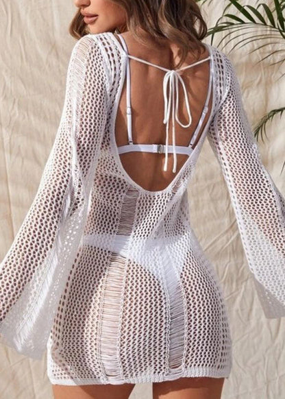 2024 New Hollow Open Back Beach Knitted Cover Up Long Sleeve VC004