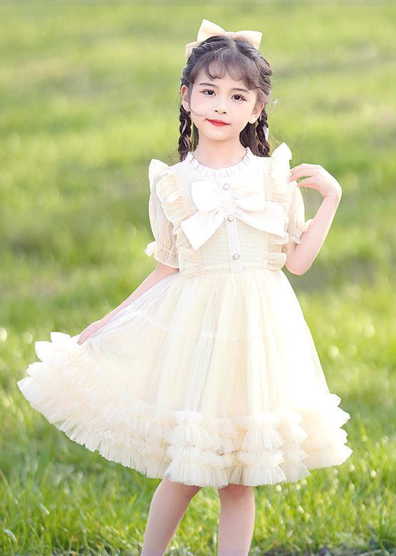 2024 New Pink O-Neck Bow Ruffled Patchwork Tulle Kids Maxi Dress Summer EW022