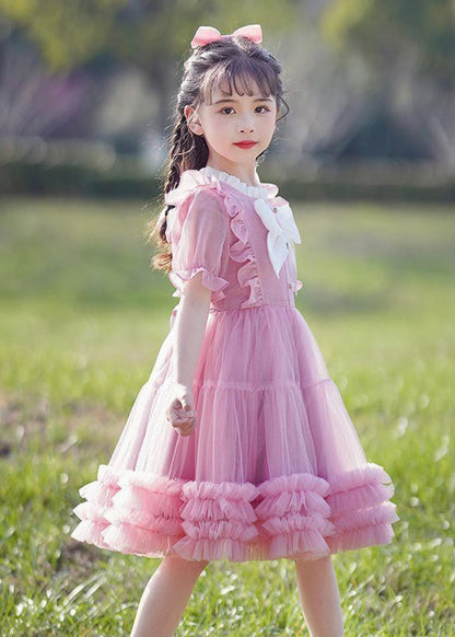 2024 New Pink O-Neck Bow Ruffled Patchwork Tulle Kids Maxi Dress Summer EW022