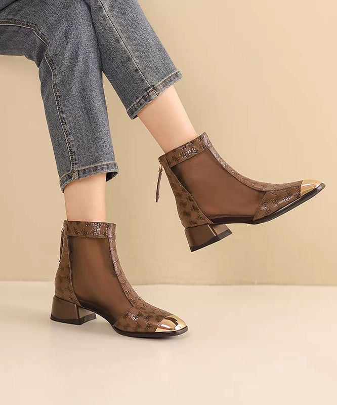 2024 New Summer Coffee Tulle Splicing Chunky Heel Sandals Boots OI050