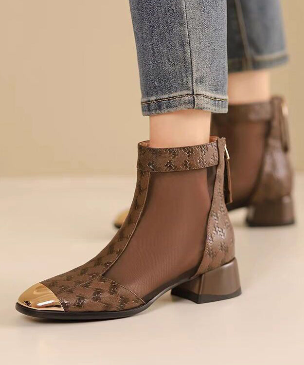 2024 New Summer Coffee Tulle Splicing Chunky Heel Sandals Boots OI050