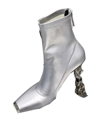 2024 New Versatile Silver Zipper Metal Heterotypic High Heel Boots OI067