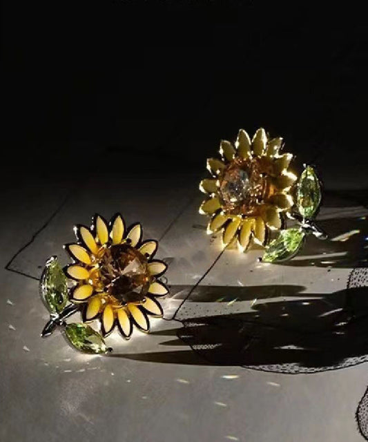 Boucles d'oreilles à tige en argent sterling jaune 2024 avec zircon émaillé et tournesol DF1006