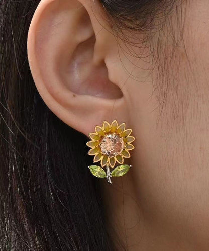 2024 New Yellow Sterling Silver Overgild Zircon Enamel Sunflower Stud Earrings DF1006