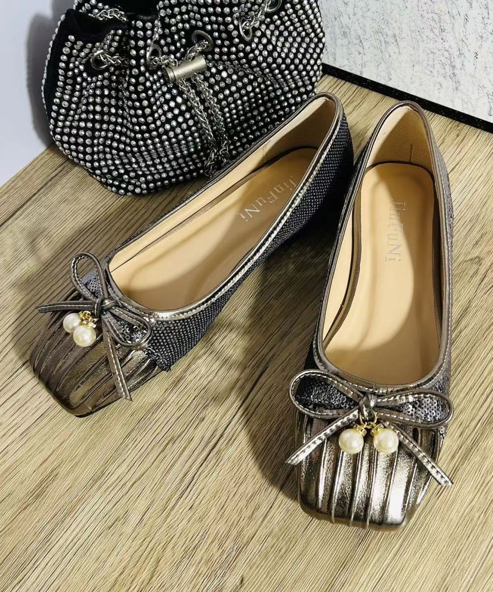 2024 Pearl Bow Wrinkled Square Head Flats Shoes CZ1039