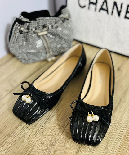 2024 Pearl Bow Wrinkled Square Head Flats Shoes CZ1039