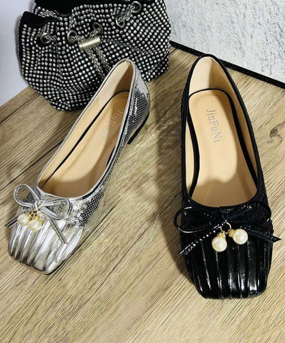 2024 Pearl Bow Wrinkled Square Head Flats Shoes CZ1039