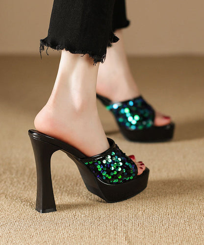 2024 Sequins Splicing High Heel Black Slide Sandals Peep Toe DD1056