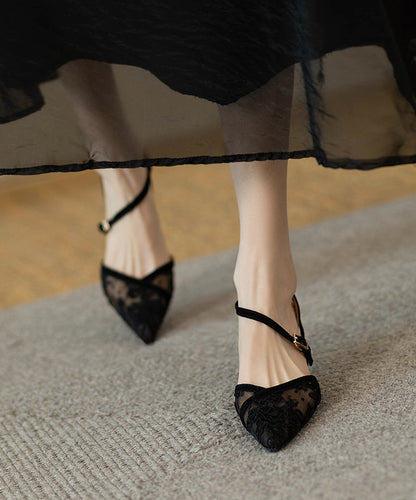 2024 Splicing High Heel Sandals French Black Tulle Pointed Toe KJ026