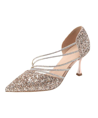 2025 Splicing Stiletto High Heels Champagne Sequins RX029