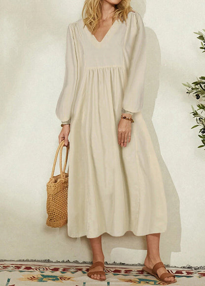 2024 Women's Orange Cotton Linen Loose Balloon Sleeve Dress VB1032