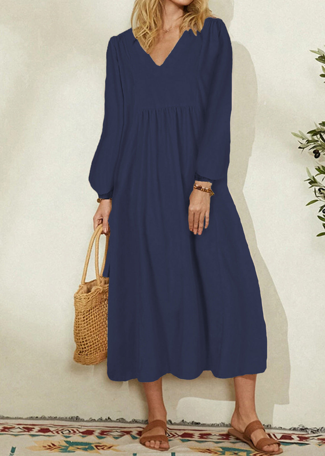 2024 Women's Orange Cotton Linen Loose Balloon Sleeve Dress VB1032