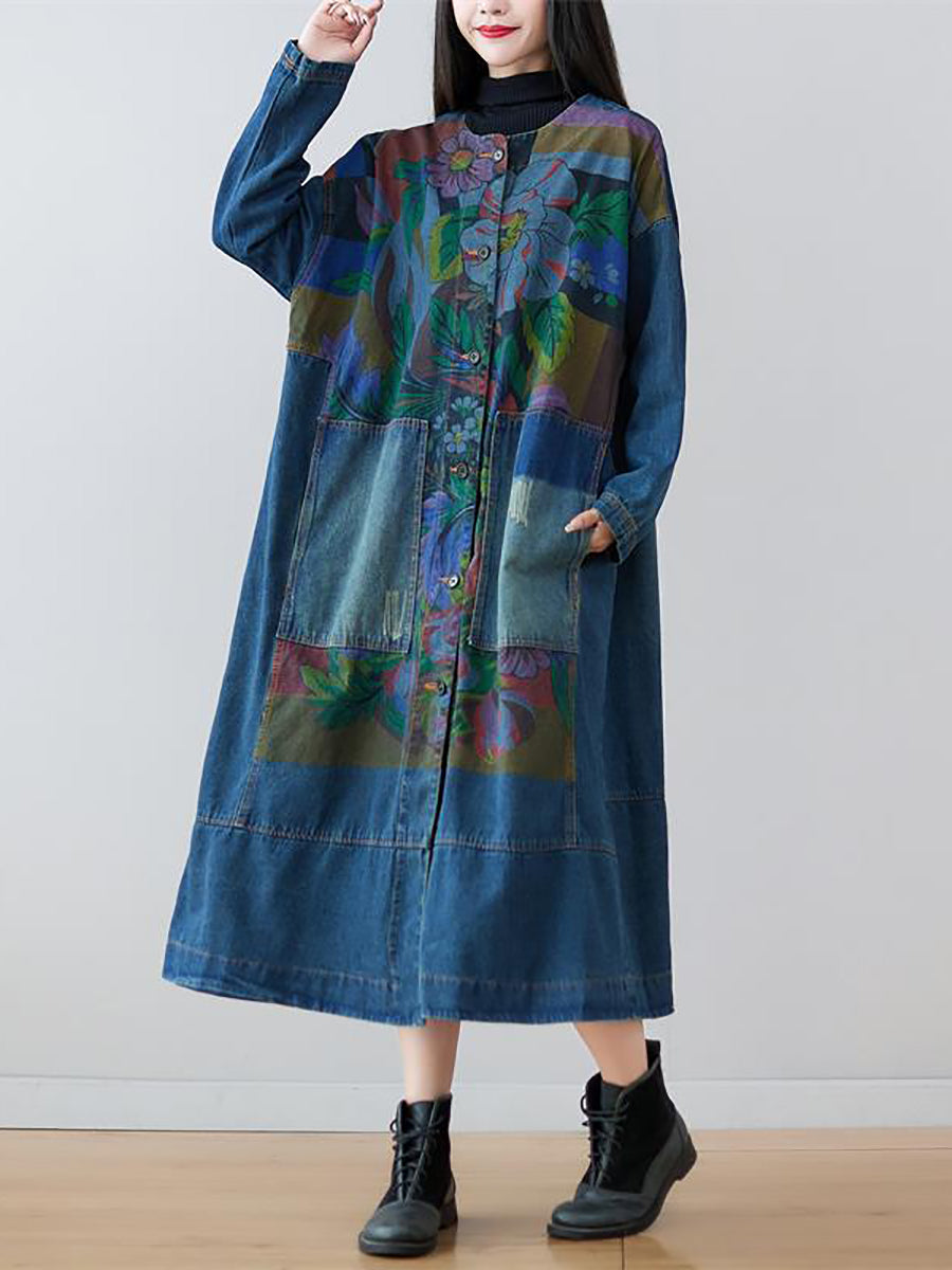 Women Spring Flower Print Loose Long Denim Dress AS1038