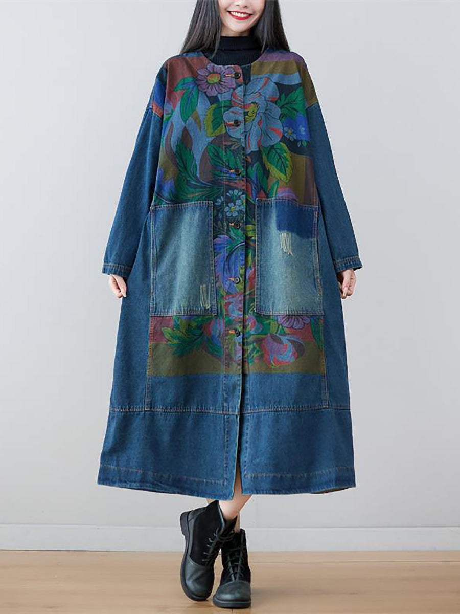 Women Spring Flower Print Loose Long Denim Dress AS1038