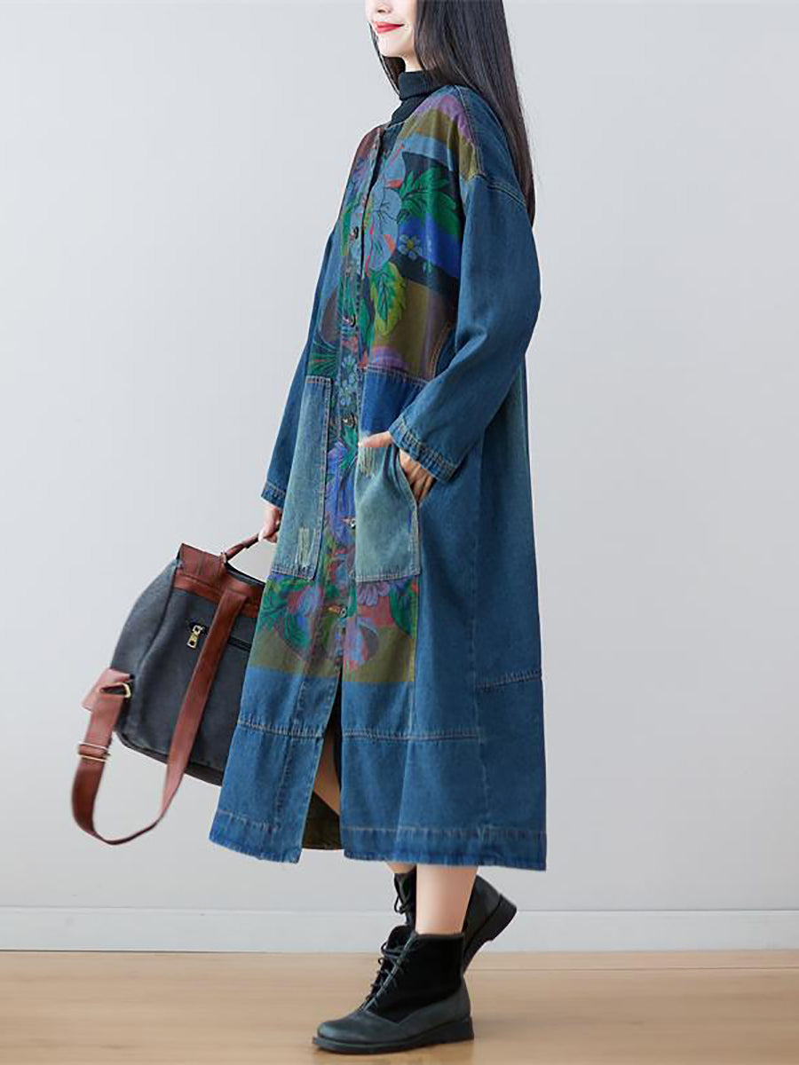 Women Spring Flower Print Loose Long Denim Dress AS1038