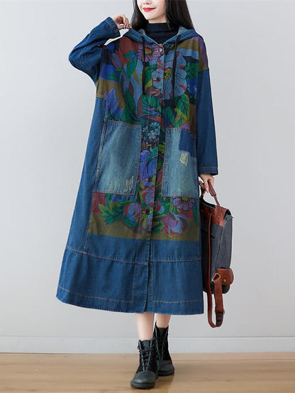 Women Spring Flower Print Loose Long Denim Dress AS1038