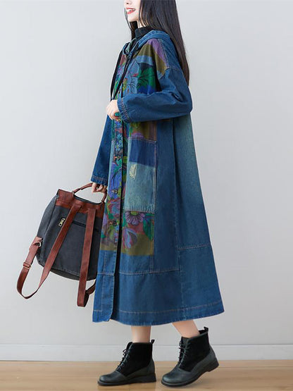 Women Spring Flower Print Loose Long Denim Dress AS1038