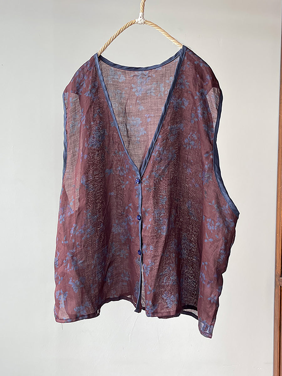 Gilet en ramie à imprimé floral vintage pour femme OO1001