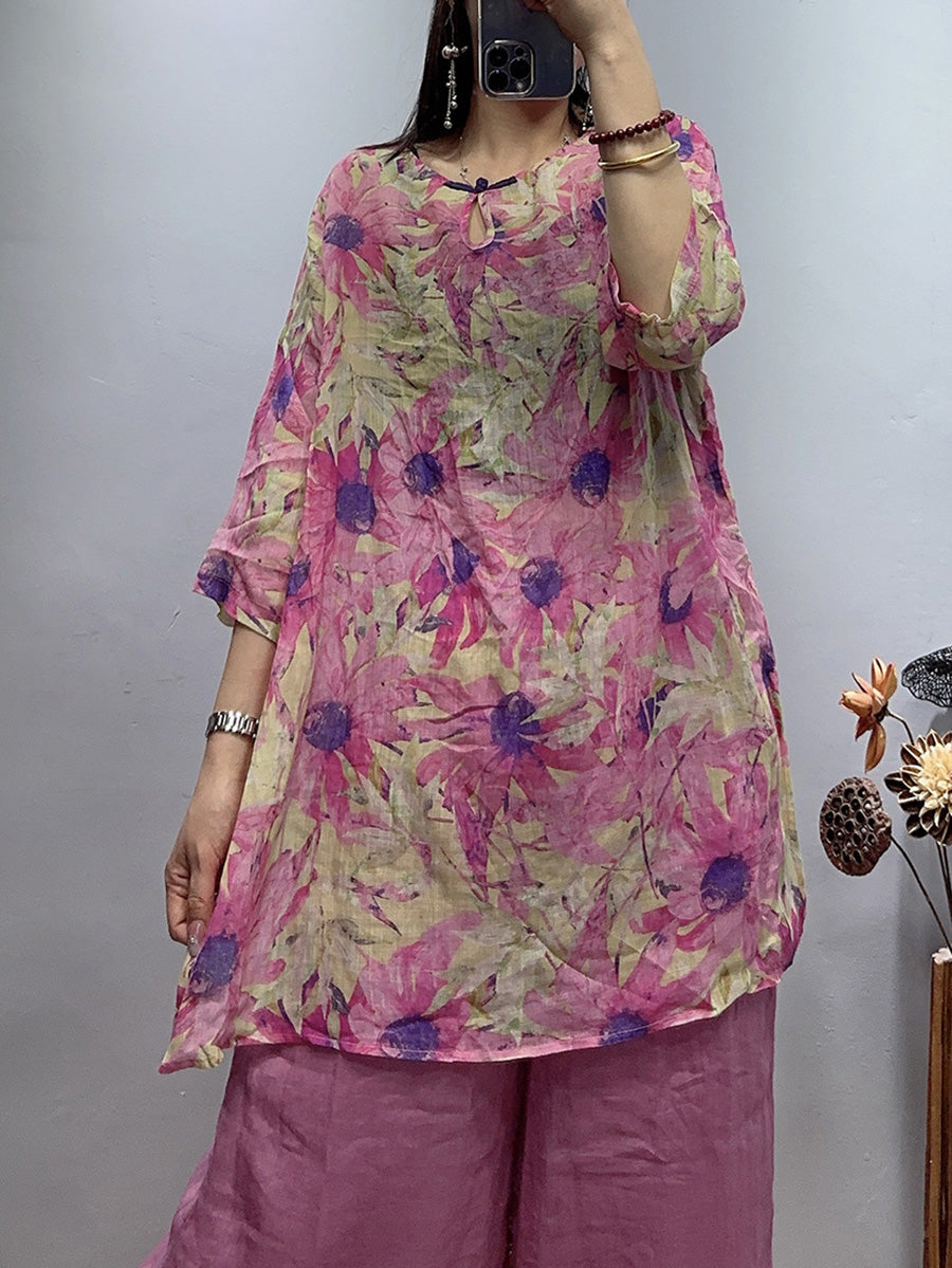 Plus Size Women Vintage Flower Summer Loose Ramie Shirt WE1030