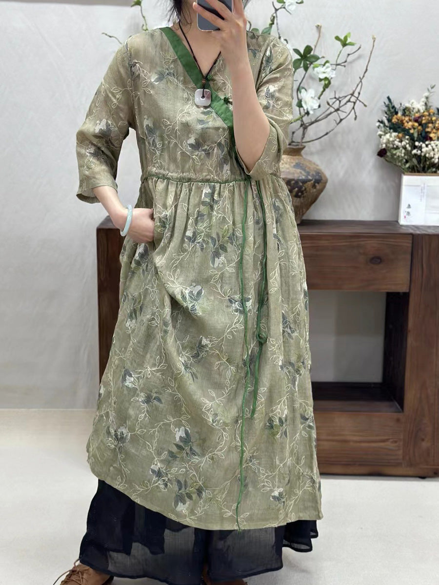Women Vintage Flower Spliced Linen Dress CO1002