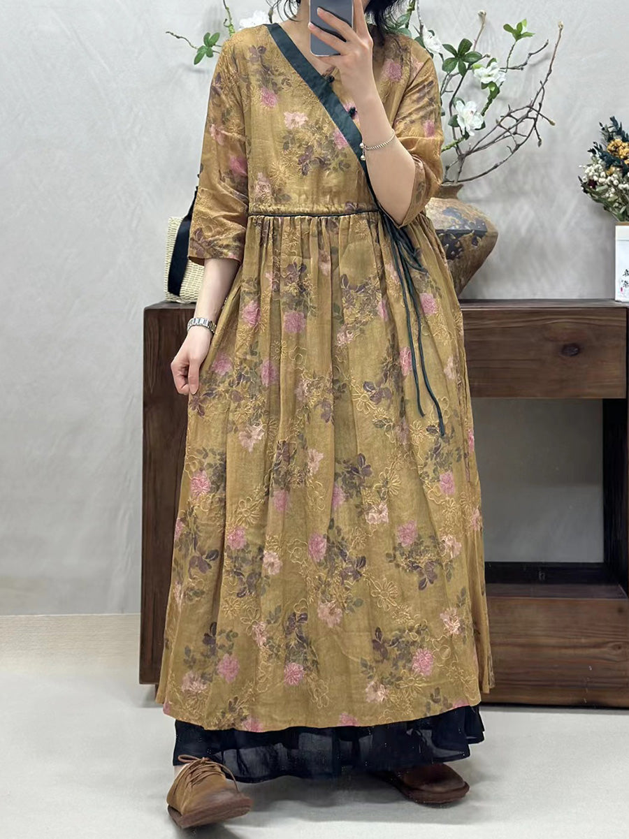 Women Vintage Flower Spliced Linen Dress CO1002