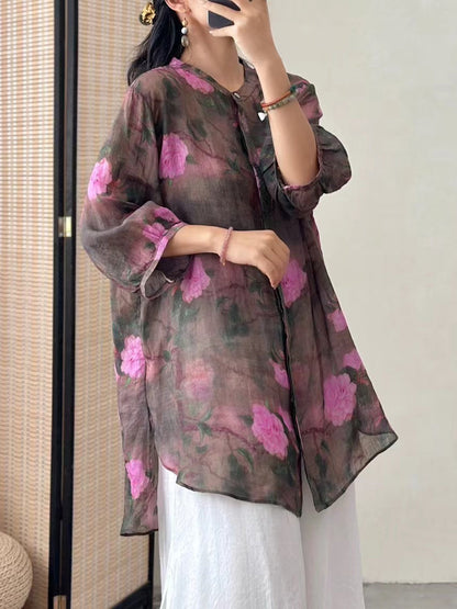 Women Artsy Flower Ramie Loose Long Shirt CO1016