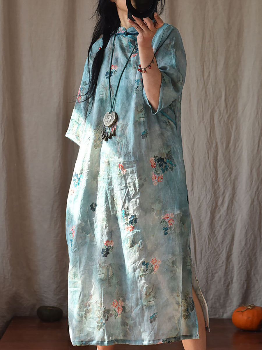 Women Vintage Summer Floral Ramie Robe Dress CO1022