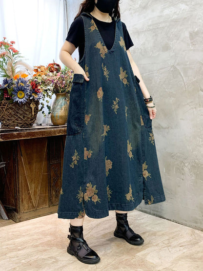 Women Summer Casual Flower Vest Denim Dress CO1048