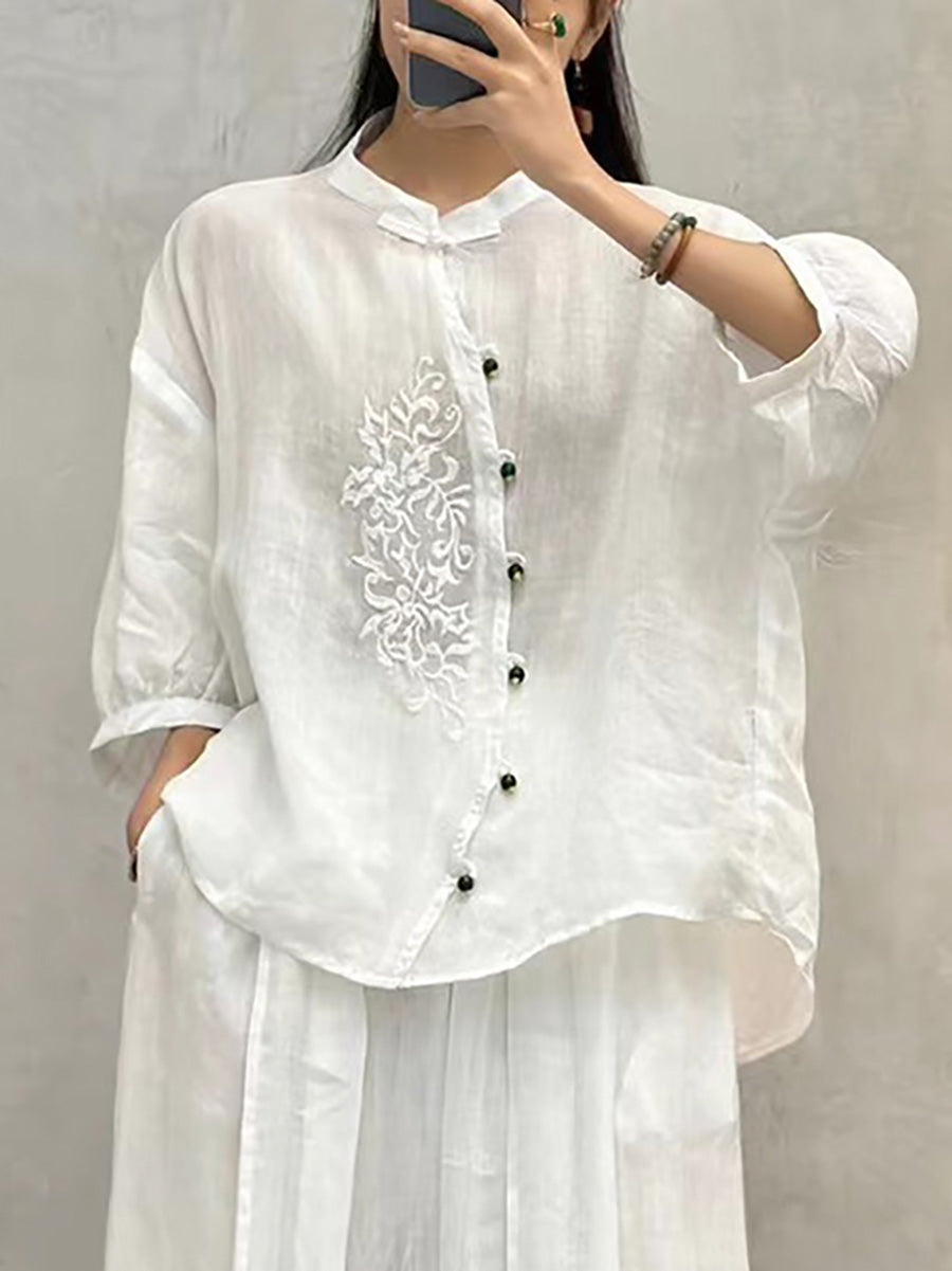 Women Vintage Embroidery Button Up Blouse PA1022