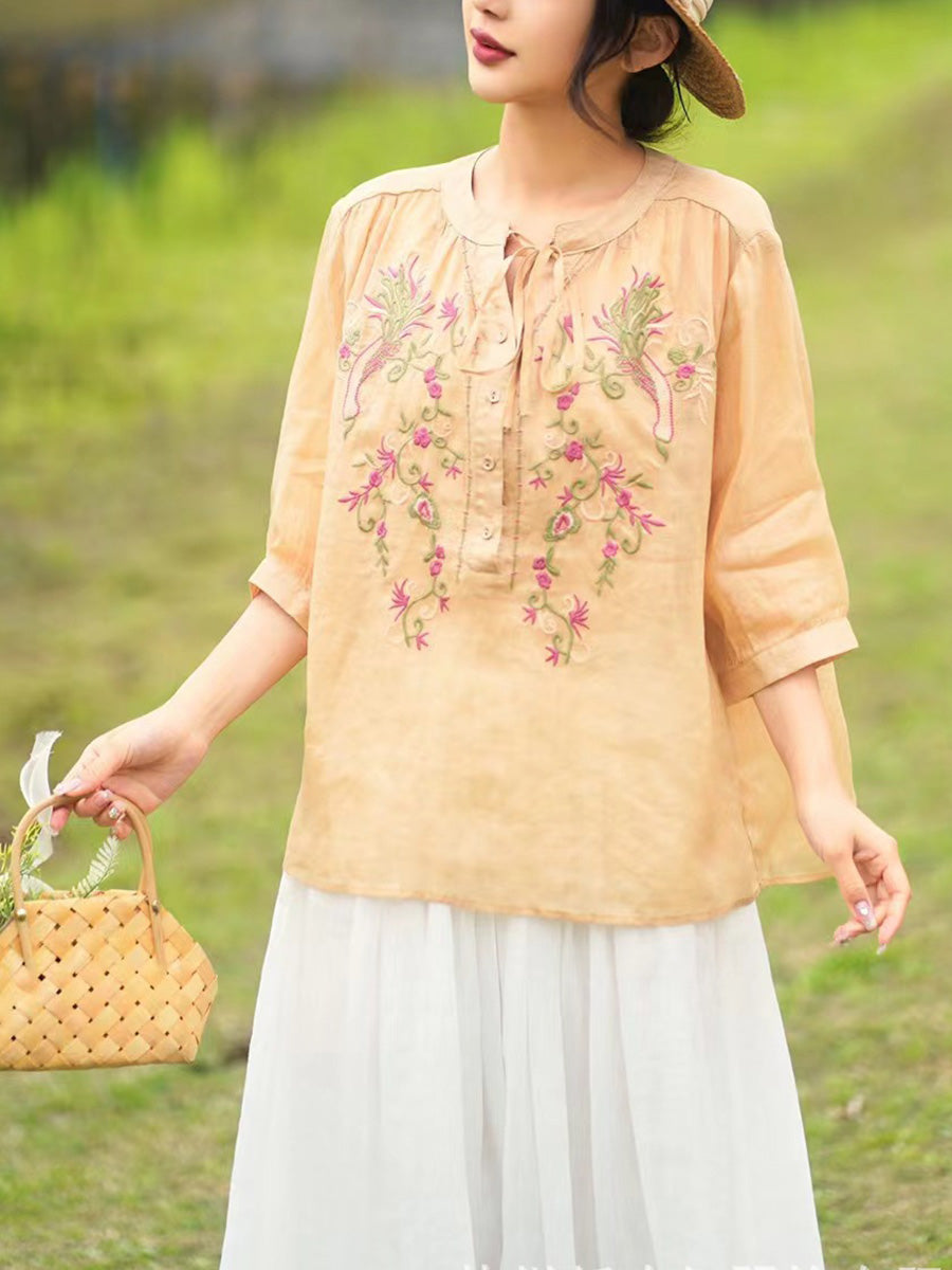 Chemise d'été en ramie avec broderie florale artistique pour femme PA1002