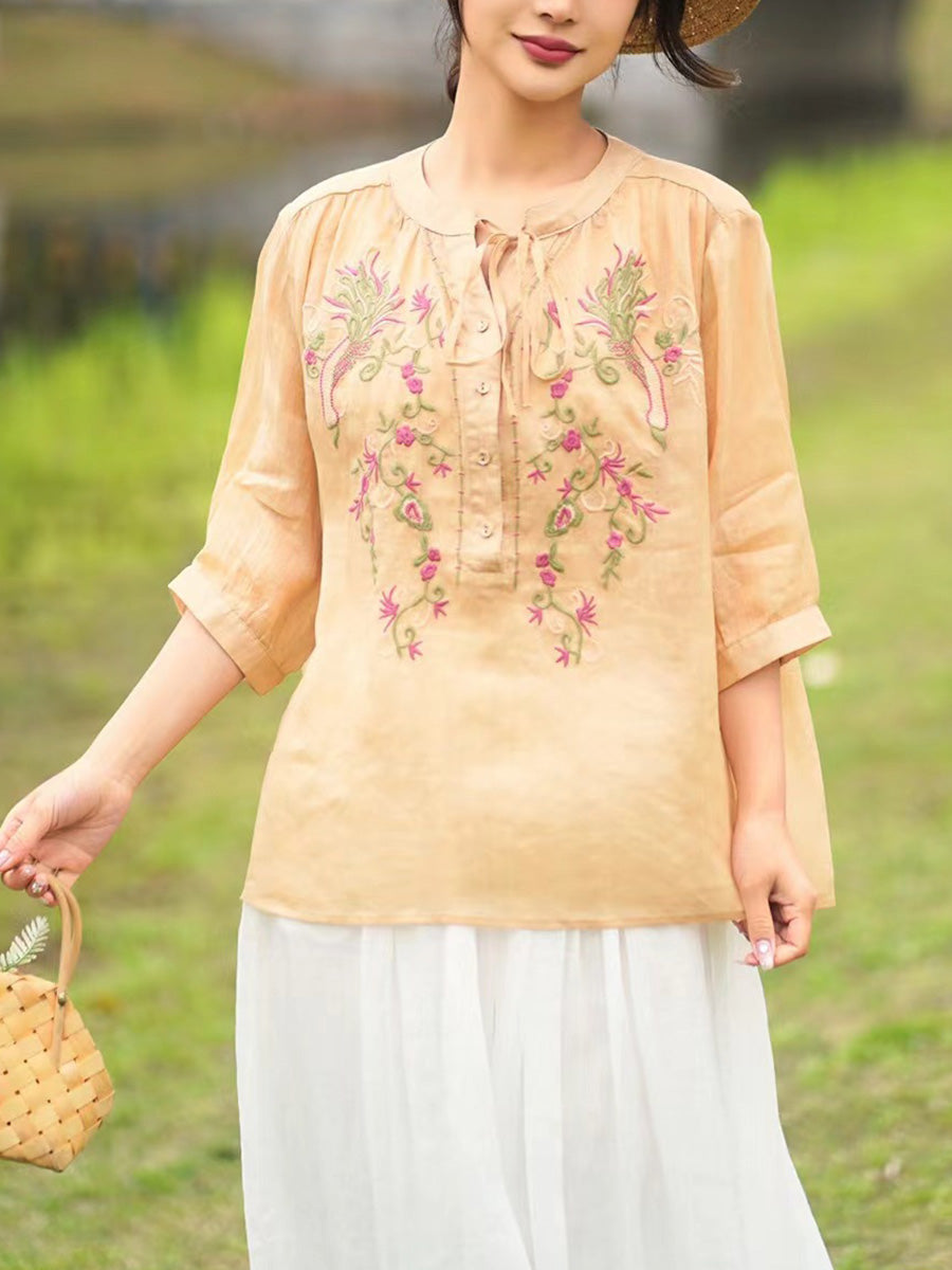 Chemise d'été en ramie avec broderie florale artistique pour femme PA1002