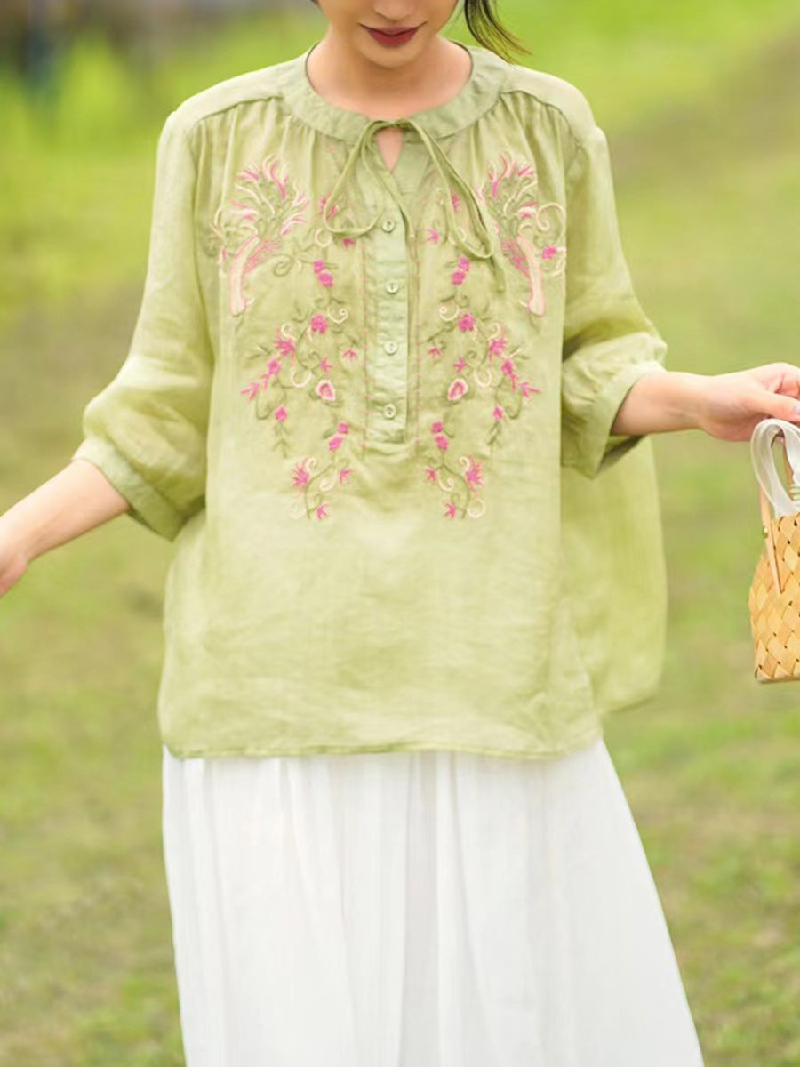 Chemise d'été en ramie avec broderie florale artistique pour femme PA1002