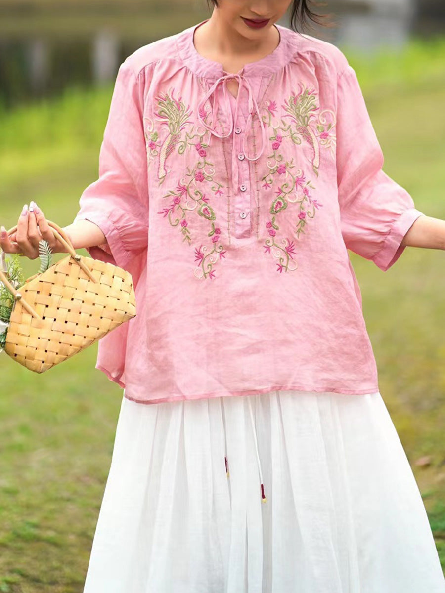 Chemise d'été en ramie avec broderie florale artistique pour femme PA1002