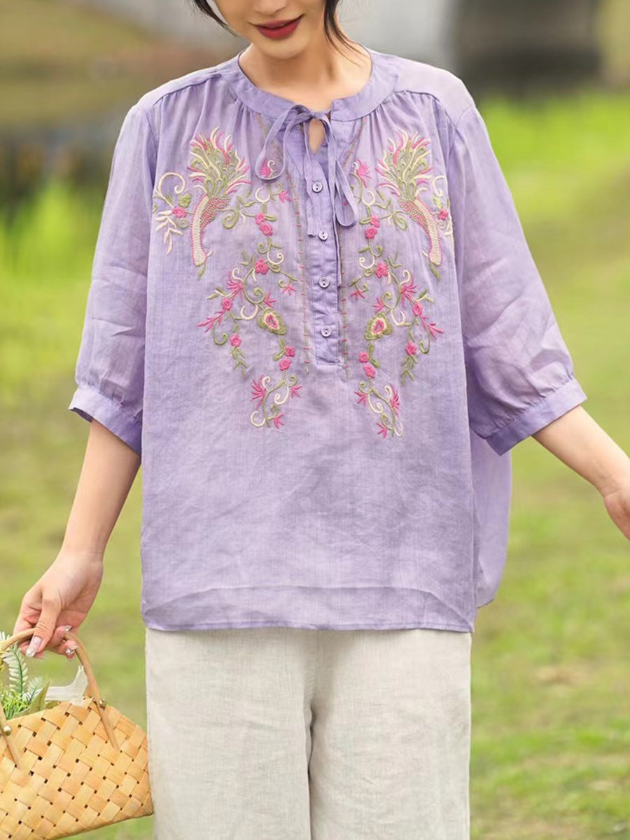 Chemise d'été en ramie avec broderie florale artistique pour femme PA1002