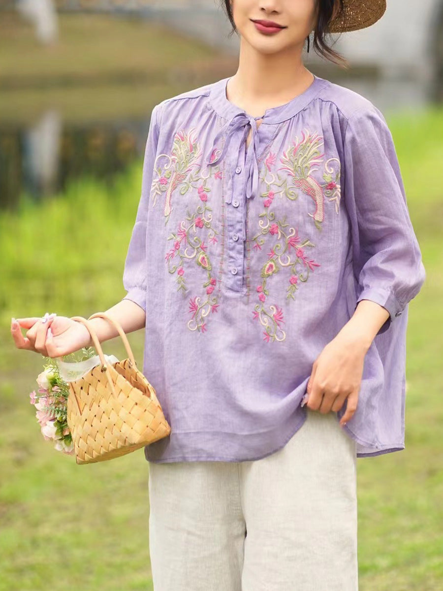 Chemise d'été en ramie avec broderie florale artistique pour femme PA1002