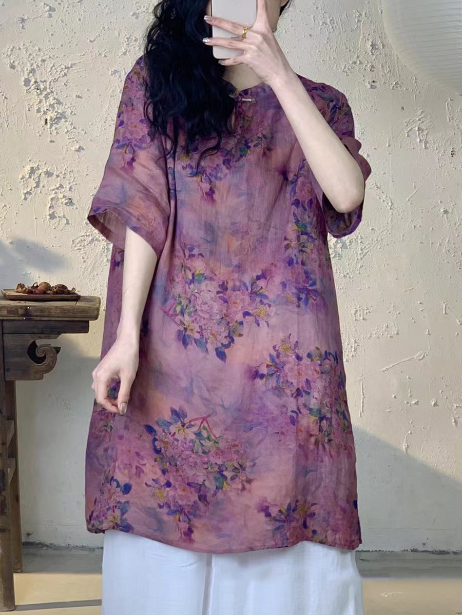 Chemise longue en ramie à fleurs vintage pour femme PA1013