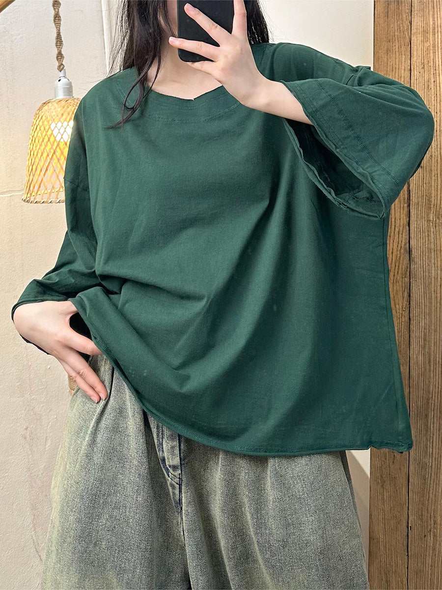 Women Casual Summer Solid Cotton O-Neck Shirt PA1006