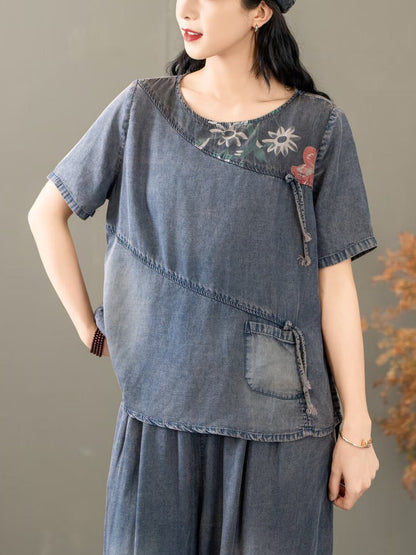 Women Summer Vintage Spliced Worn Shirt+Pants PA1021