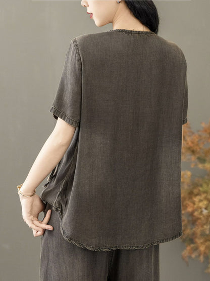 Women Summer Vintage Spliced Worn Shirt+Pants PA1021