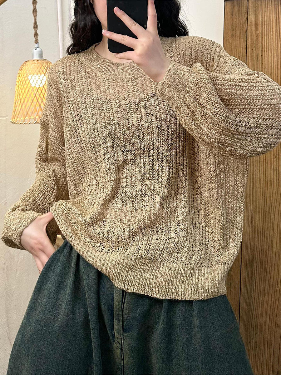 Women Casual Solid Knitted O-Neck Long Sleeve Shirt PA1010